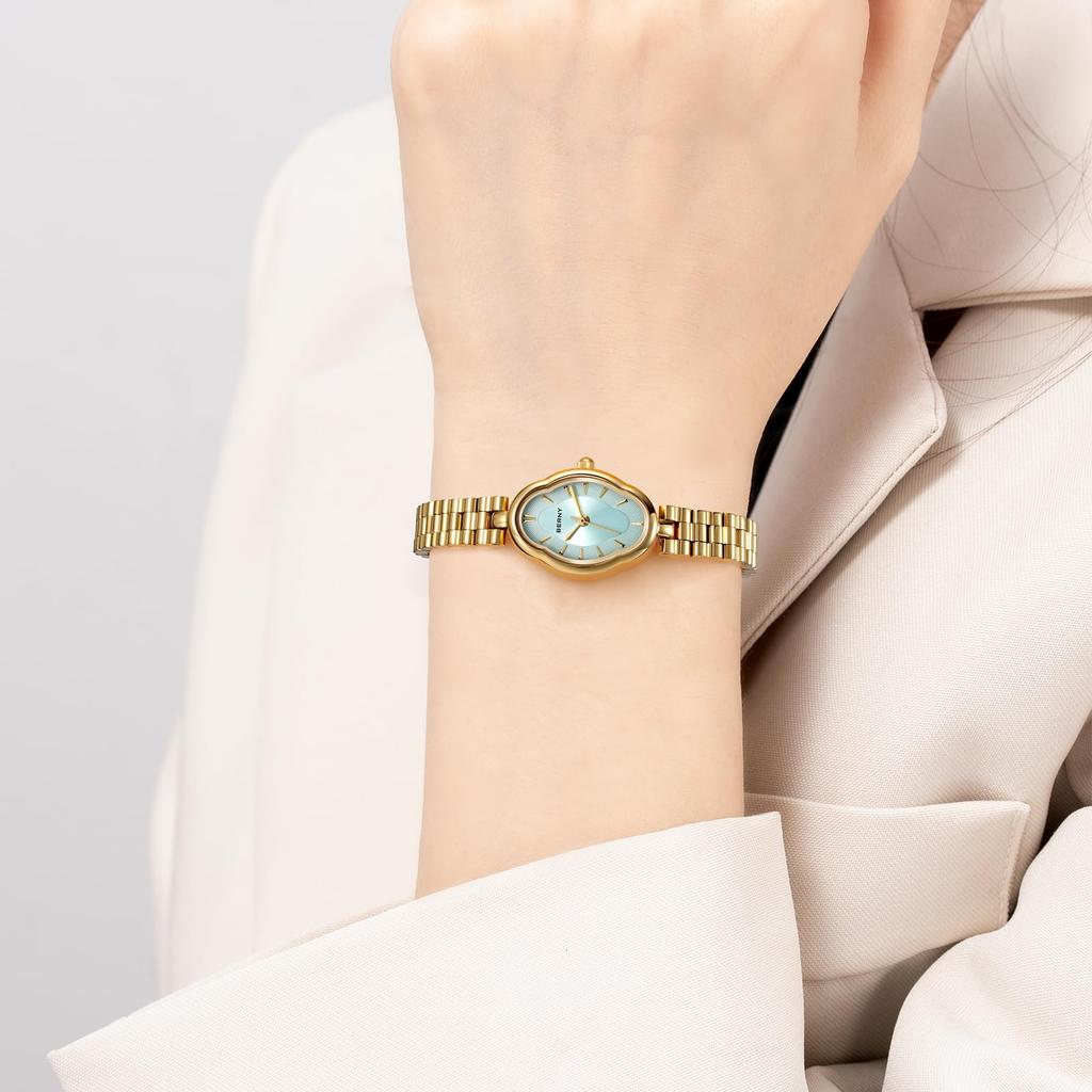 BERNY Armbanduhr Damen Gold Armbanduhr Damenuhr Vintage Kupfer Spiegelform Japanisches Quarzwerk 3ATM Wasserdicht Ganz Edelstahl Mode Damen