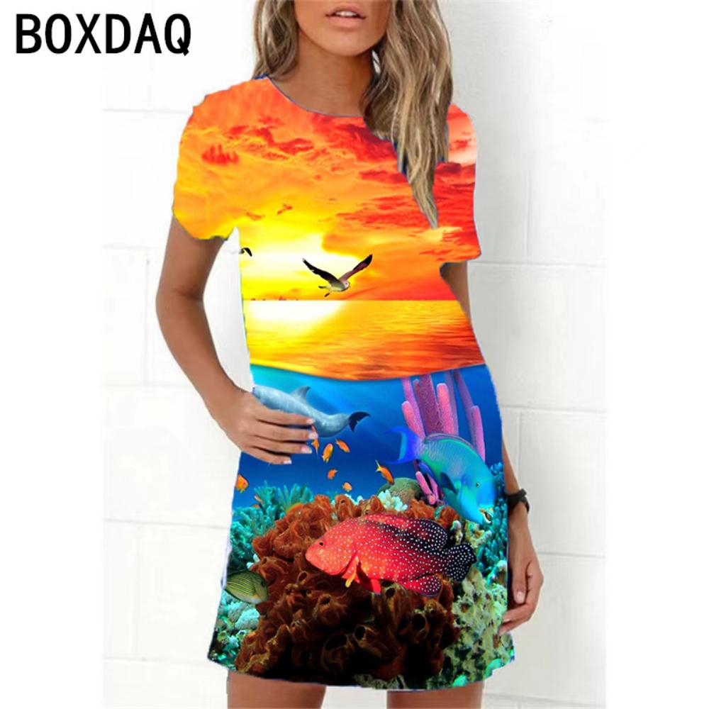 Ocean World 3D Print Dress Women New 2026 Summer Short Sleeve Cartoon Fish A-Line Dress Oversized Loose Casual Ladies Dress
