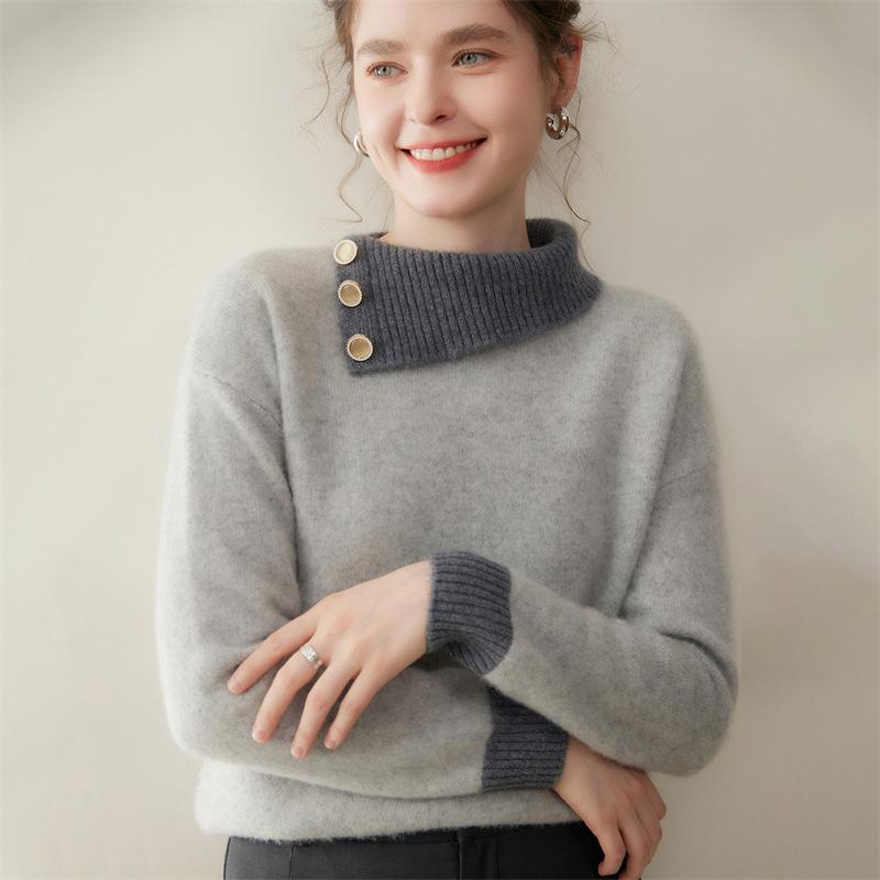 Autumn-Winter Gemstone Button Color Block Cashmere Knit Women's Sweater