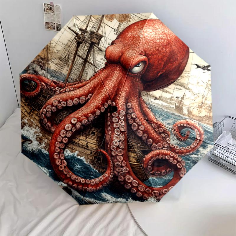 Ship Octopus pattern, automatic folding umbrella, portable and foldable design, 8 ribs, a Christmas or birthday gift.