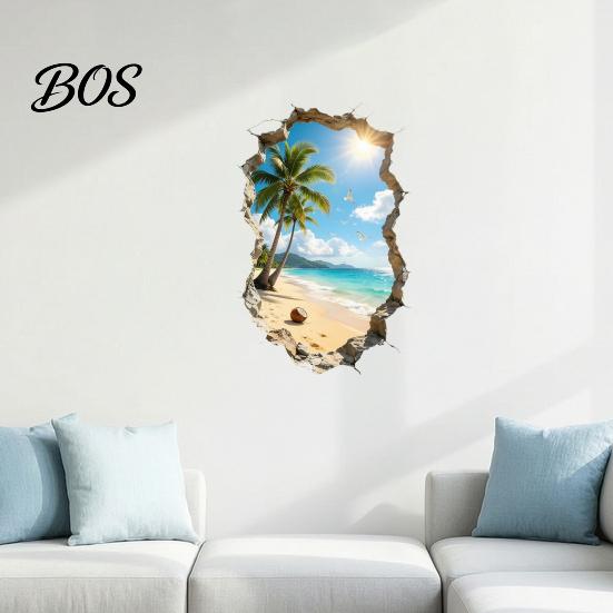 Wandaufkleber zum Abziehen und Aufkleben 3D Zerbrochener Meeresblick Aufkleber, Kokospalmen Strand Dekorative Abziehbilder, Abnehmbar Aufkleber Wasserdicht für Wohnzimmer, Schlafzimmer,
