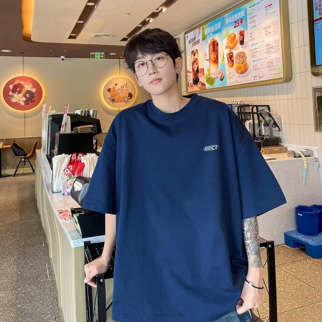 

Новая летняя футболка с короткими рукавами для мужчин, тренд в корейском стиле, простой топ с короткими рукавами, свободная повседневная брендовая футболка в гонконгском стиле 5XL темно-синий