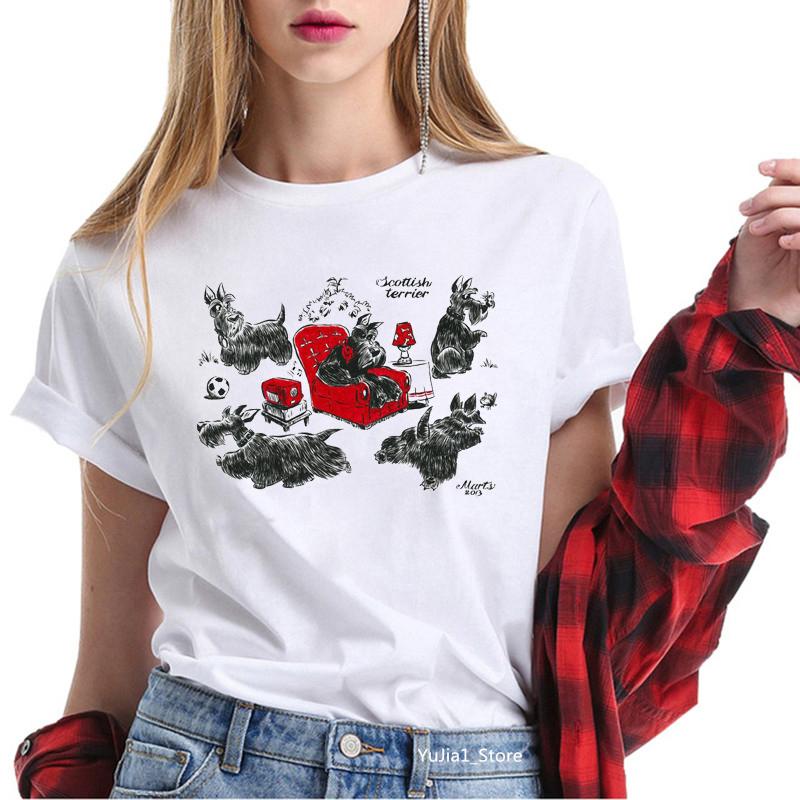 Cute Cartoon T-shirts for Women Harajuku Kawaii Scottish Terrier Animal Print Tee Shirt Femme Summer Cute Tops Dog Lover T Shirt
