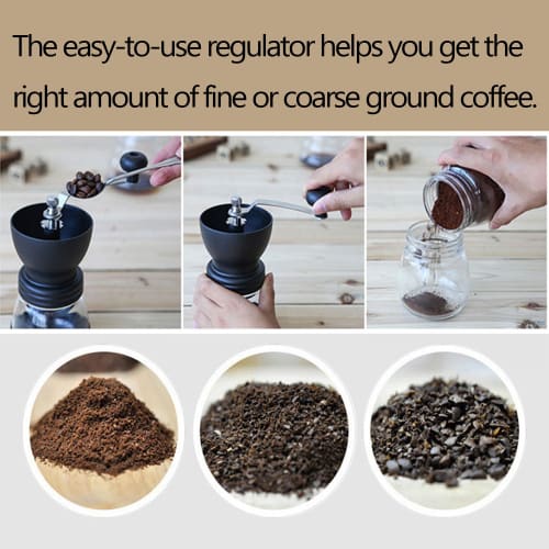 Manual Coffee Bean Mill with Tapered Ceramic Mill Plate, Compact, Lightweight, Portable, Easy To Clean, Adjustable Grinding (Includes 2 Glass Jar, Bru