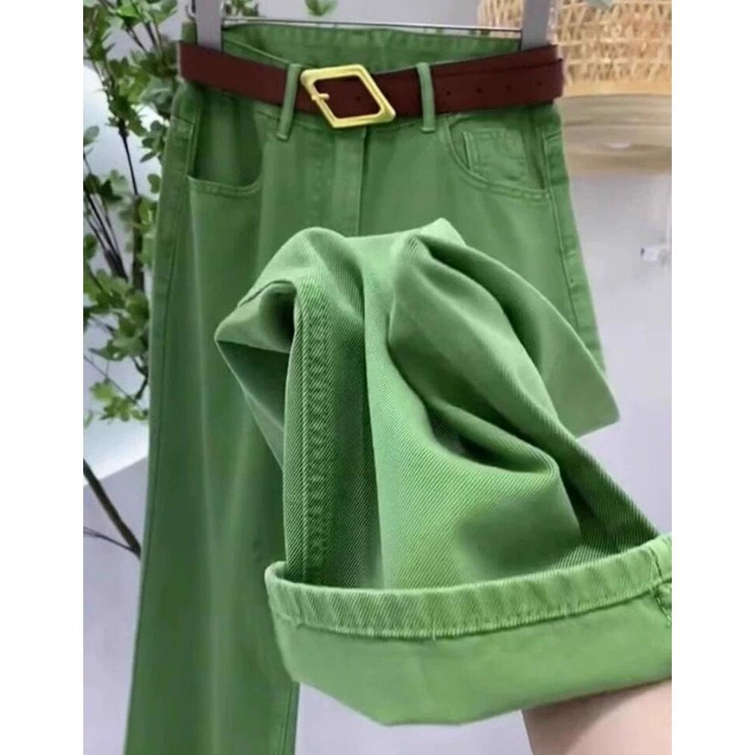 

Большие размеры, высокая талия, широкие брюки до пола, джинсовые брюки с поясом для повседневной носки на весну 4XL зелёный