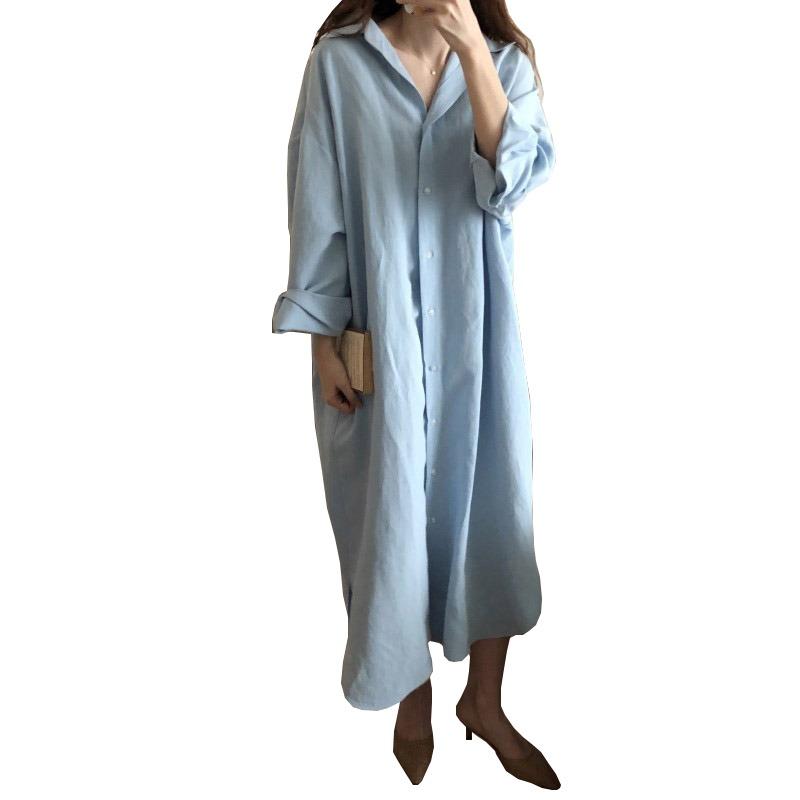 New Korean Fashion Women Shirt Long Dress Cotton and Linen Sunscreen Simple Shirt Single Breasted Lapel Solid Color Elegant Maxi Dresses Clothing 2966