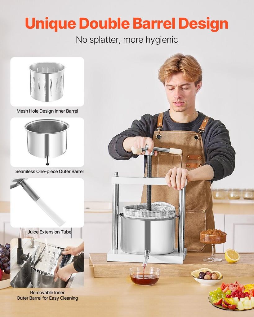 Fruit Wine Press Manual Press for Wine Making 1.45 Gal/5L Stainless Steel