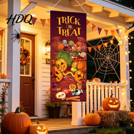 Entrance Door Decorations Halloween Flag Banner Backdrop, Spooky Pumpkin Witch Ghost Hanging Easy Home Decor Background Decoration for Indoor Outdoor