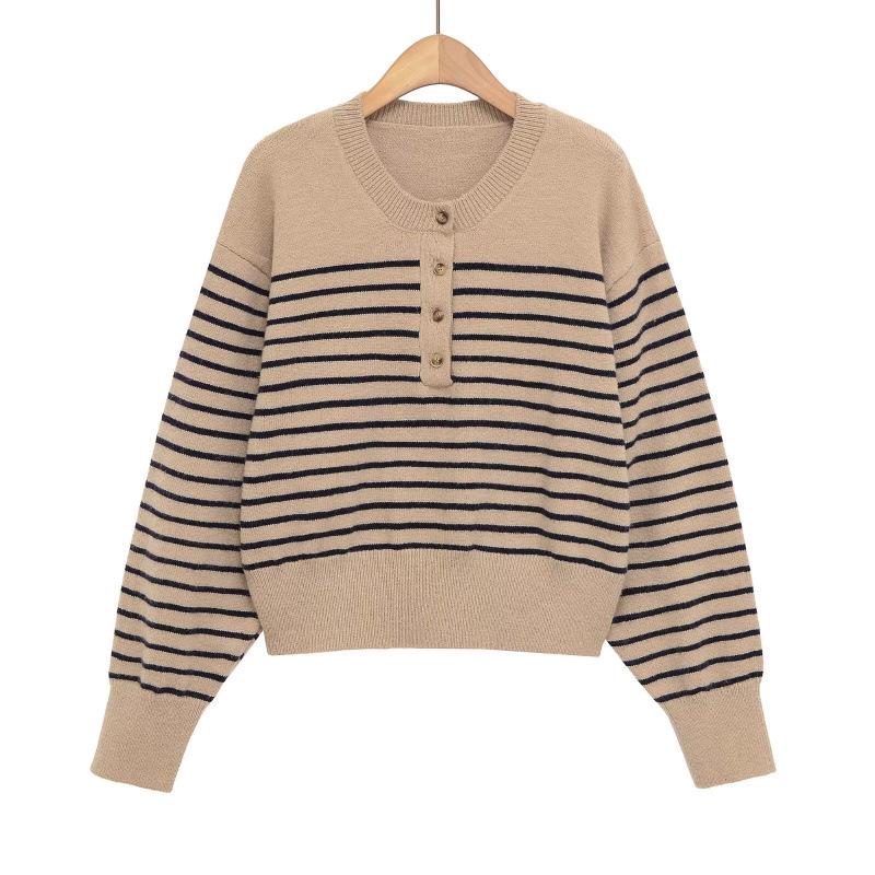European Style Striped Round Neck Button Pullover Knitwear Small