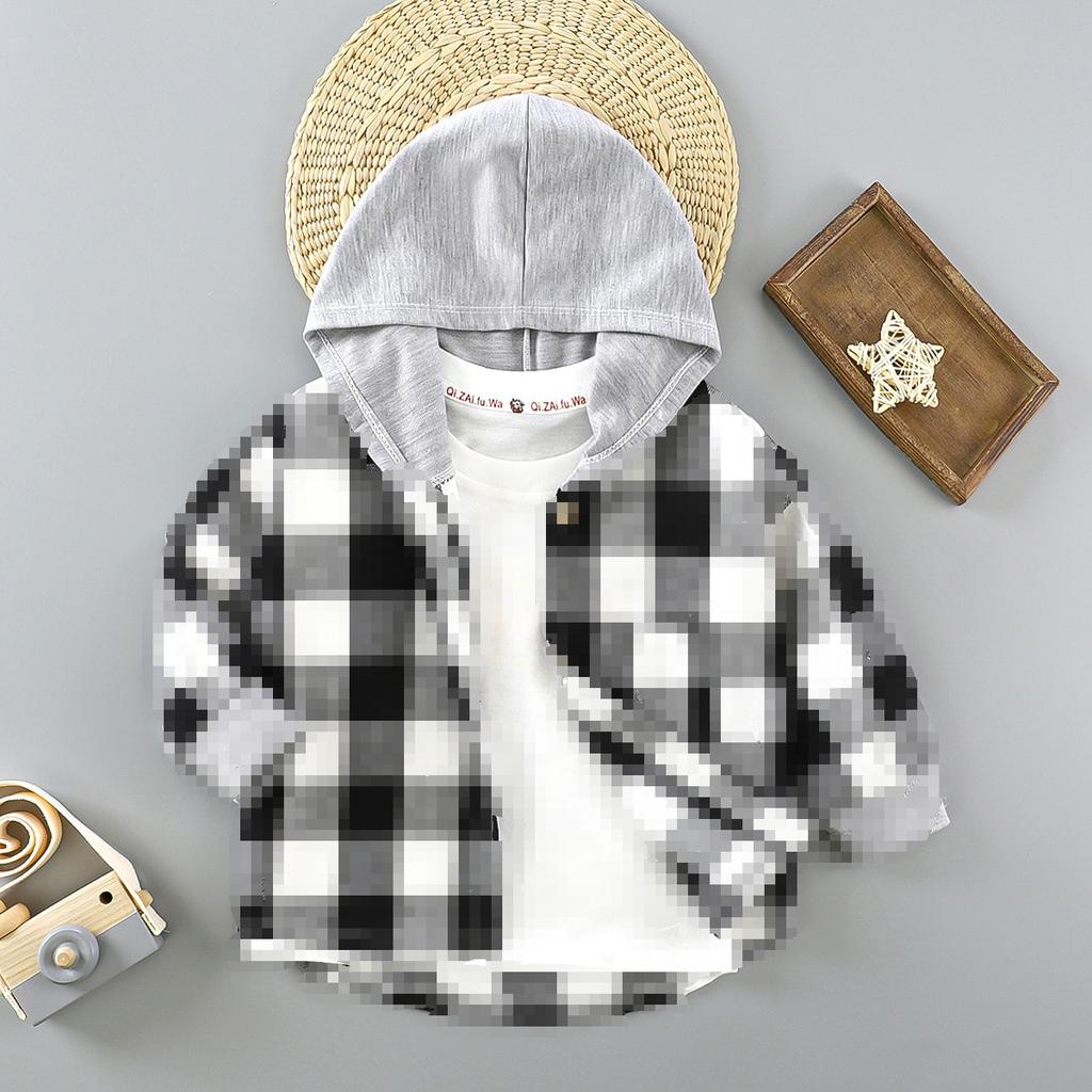 Children's Long-sleeved Shirts Plaid Baby Spring and Autumn Tops Small and Medium-sized Children's Cardigans Children's Spring Autumn Hooded Jackets
