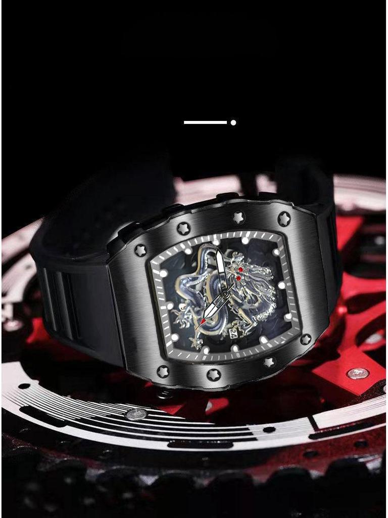 2024 Herren Tonneau Silber Drache Quarz Uhr: Lässig, Sportlich, Leuchtend, Wasserdicht, Vollautomatisch.