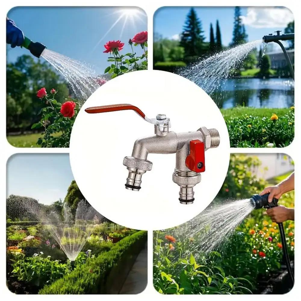 Zinc Alloy Garden Bibcock 1 Inlet 2 Outlet Dual Nipple Outdoor Balcony Faucet Industrial Home Irrigation Water Valve Wall Faucet