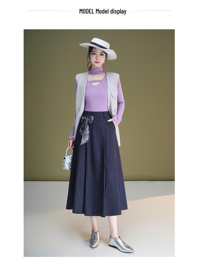 Autumn Silk Scarf Bow A-Line Pleated Skirt for Women
