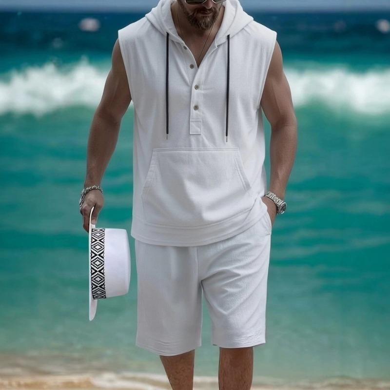 Mens Casual Loose Hooded Sleeveless Vest And Shorts Set