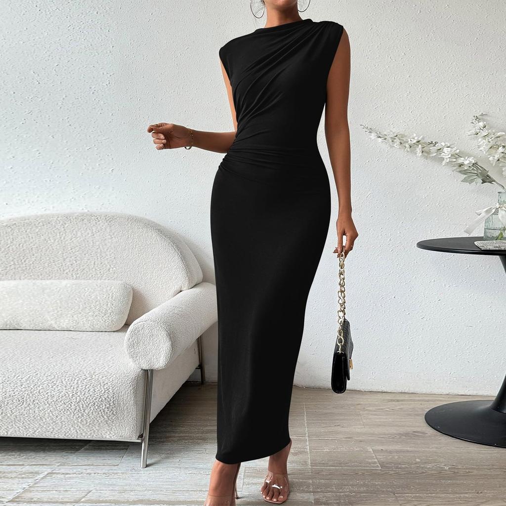 Women's Casual Sexy Solid Color Sleeveless Back Slit Pleated Tight Fitting Dress