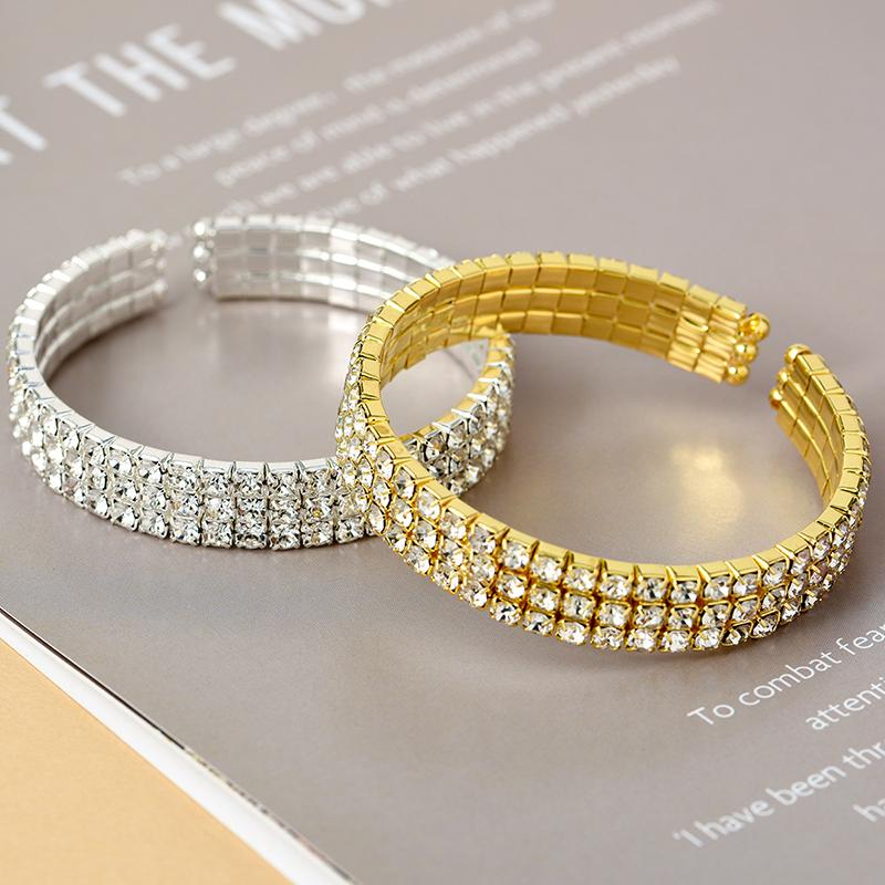 Classic Multilayer Shiny Crystal Rhinestone Cuff Bracelets Bangles Women Wristband Gold Silver Color Wedding Bracelet Jewelry