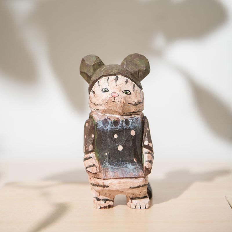 Wooden Cat Sculpture Creative Home Office Desk Ornament For Gifts And Decor