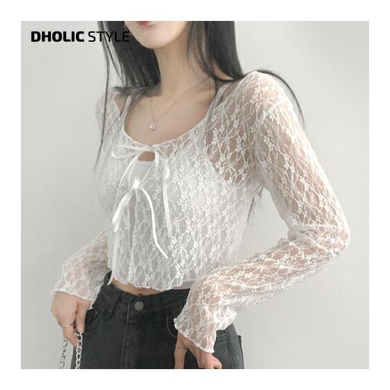Lace Ribbon Cropped Cardigan/p657757 Women s [CD] Cardigan Long Sleeve Cropped Ribbon Lace Floral Pattern Flower Slim Sheer See-Through Feminine