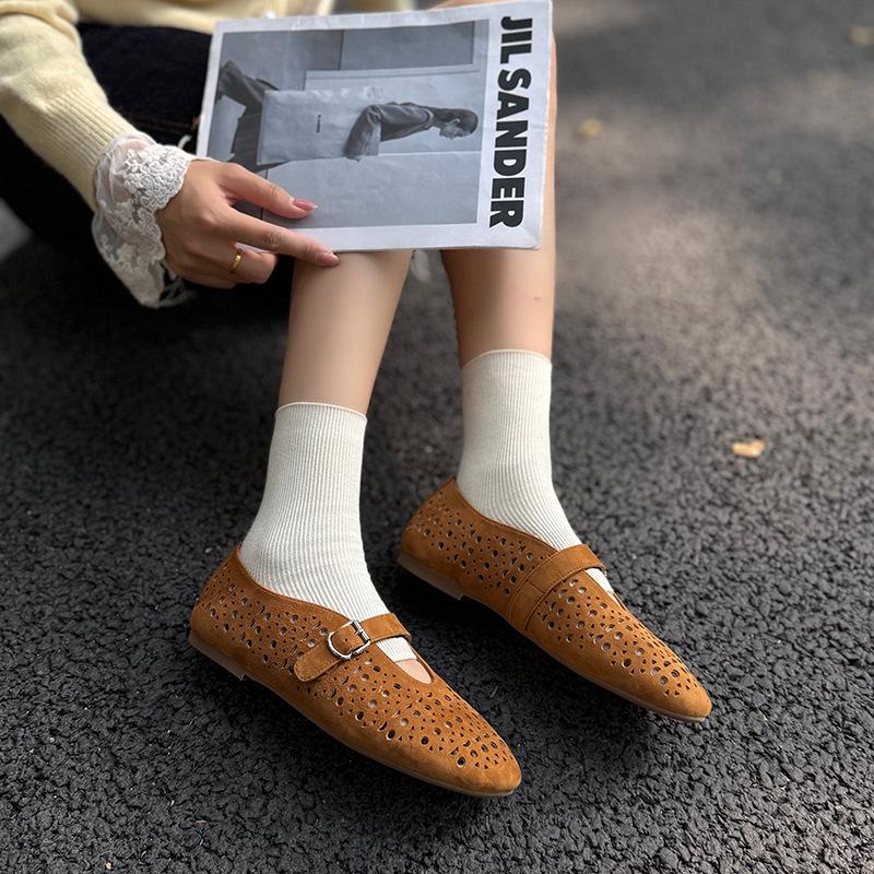 Johnature Retro Cow Suede Hollow-out Flat Shoes Breathable Soft Sole Versatile Women's Shoes