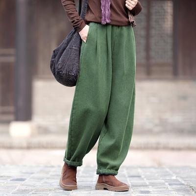 Pantaloni vintage pentru femei, cu flori calde, de culoare solidă, din in, de iarnă, cu talie elastică, plus pantaloni lungi din fleece
