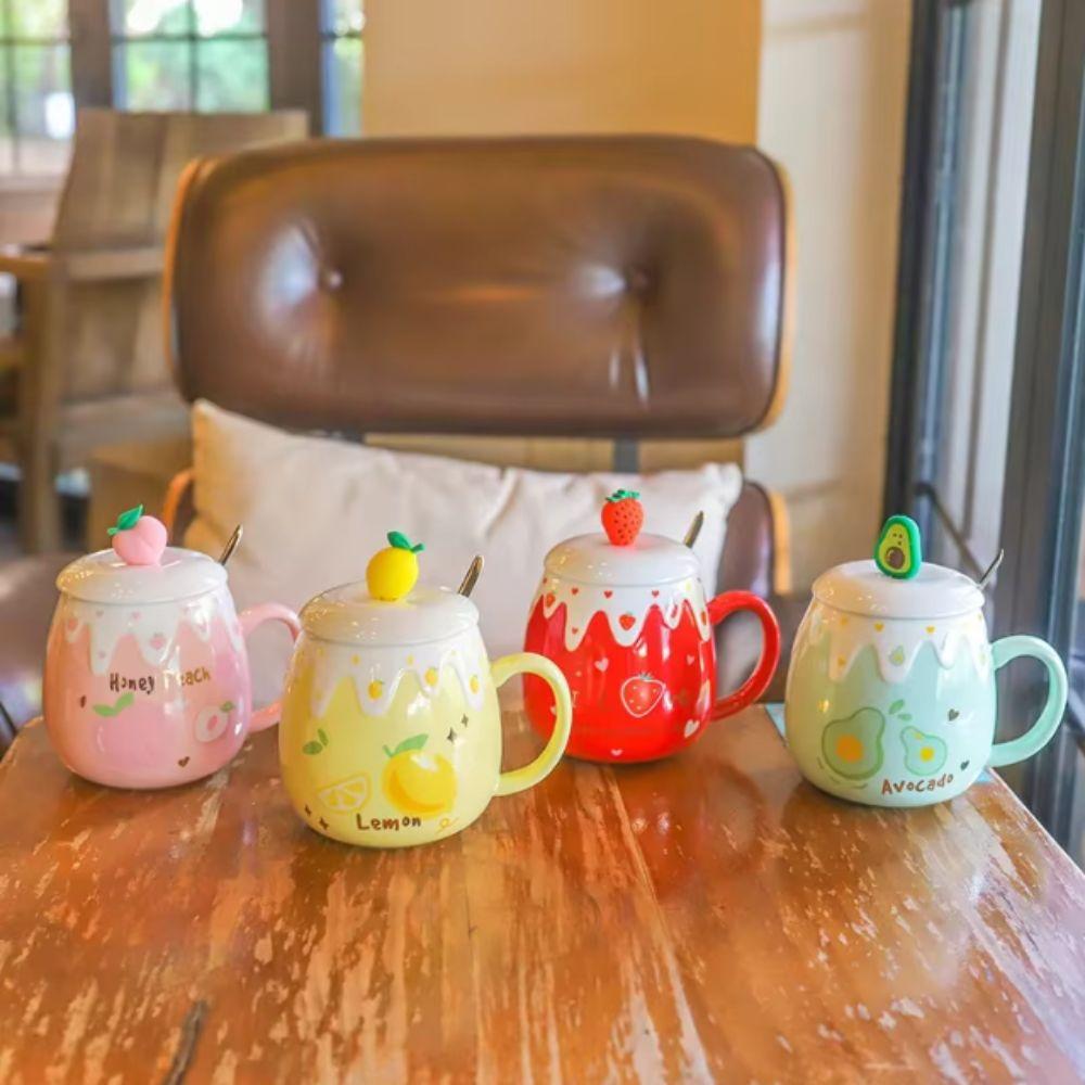Pink Color Coffee Mug With Lid Porcelain Mug Cute Design Strawberry Mug Breakfast Use
