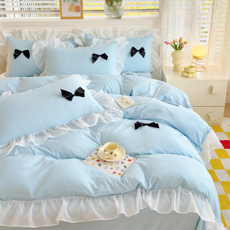 Class A Maternal And Infant Grade Girl Wind Princess Wind Seersucker Bed 4Pcs Set Of Bubble Cotton Lace Four Pieces