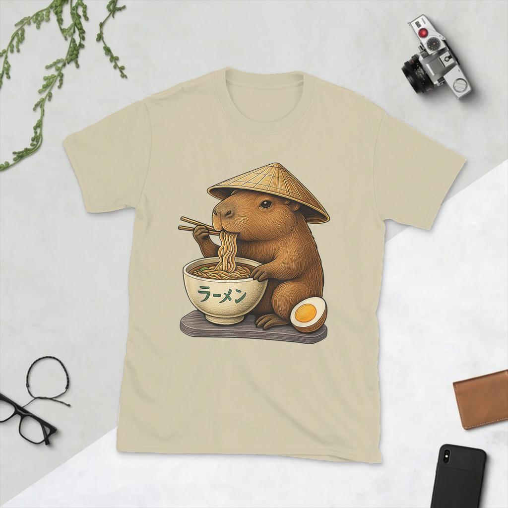 Kawaii Capybara Eating Japanese RaUnisex Unisex T Shirts Unique Tees Short Sleeve O Neck TShirt Pure Cotton Party Clothing