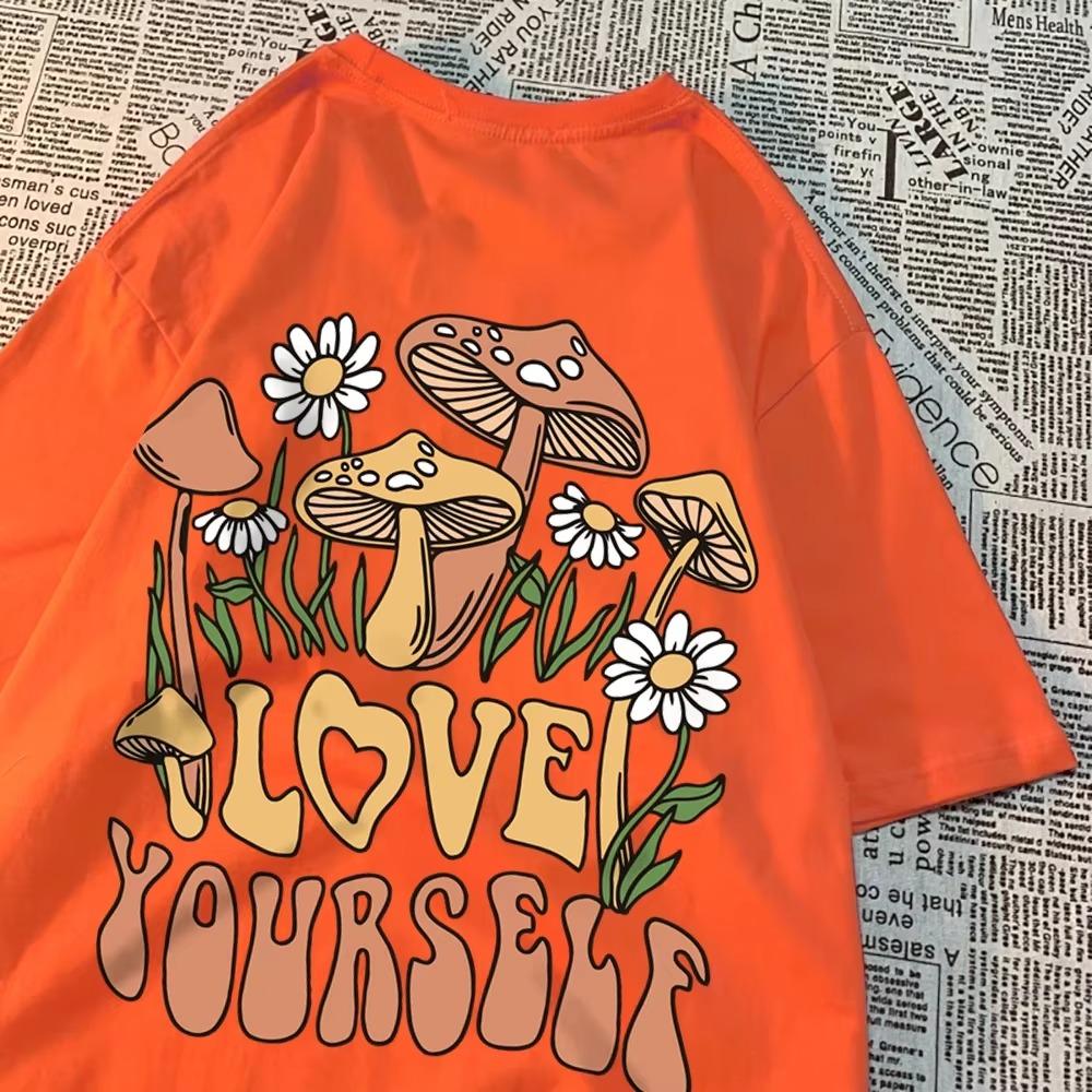 Cottagecore Style Mushroom Love Yourself Mens Tshirt Oversized T-Shirts Oversized Cotton T Shirts Breathable Women Short Sleeve