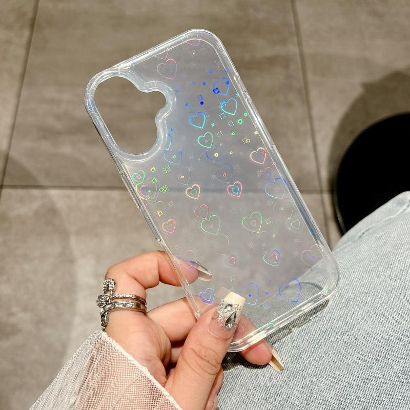 Luxury Gradient Laser Love Heart Leaf Pattern Case For iPhone 16 15 14 13 11 12 Pro Max XS XR 7 8 Plus SE Clear Cover With Heart