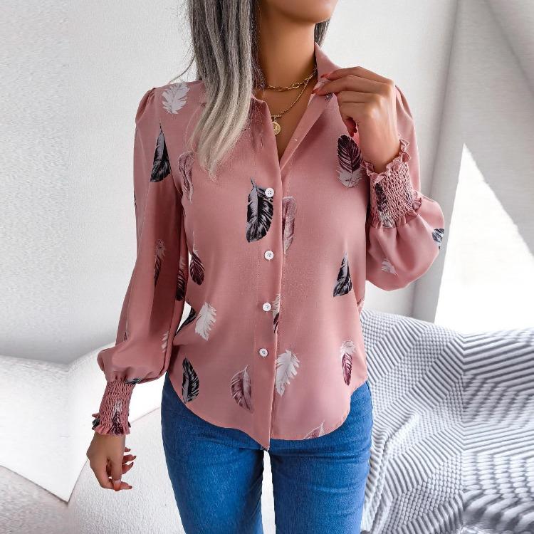 Ladies Fashion Women Polo Shirt Single Breasted Feather Lantern Sleeve Tops Spring Summer Temperament