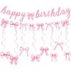 Pink Bow Happy Birthday Banner Garland and Hanging Swirls for Girl Pink Bow Coquette Birthday Party Decorations