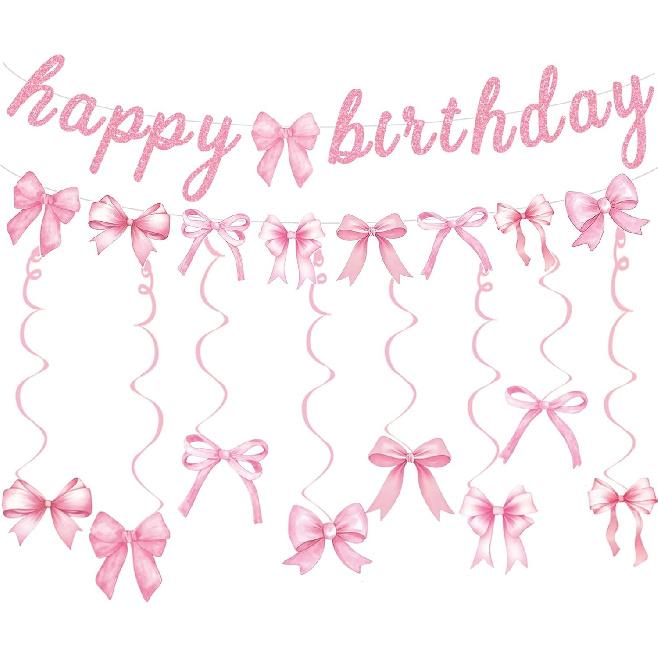 Pink Bow Happy Birthday Banner Garland and Hanging Swirls for Girl Pink Bow Coquette Birthday Party Decorations