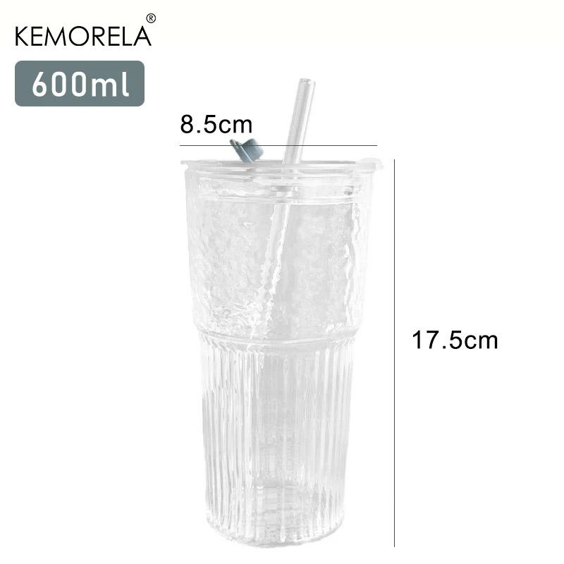 1/2PCS 600ml Stripe Glass Cup with Lid and Straw Transparent Drinking Glasses for Juice Water and Iced Coffee Cups Drinkware Mug
