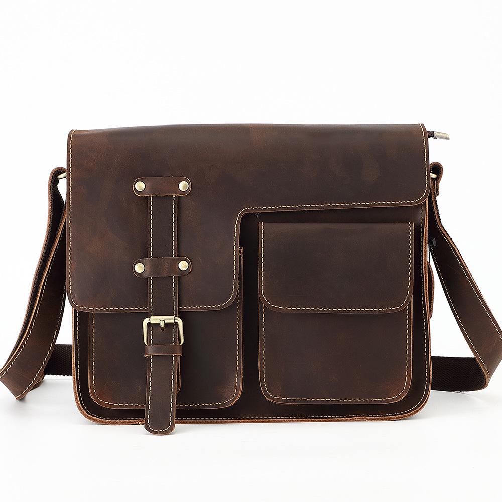 Men's Genuine Leather Crossbody Bag, Crazy Horse Cowhide Mailman Bag, Men's Single Shoulder Multifunctional Computer Briefcase