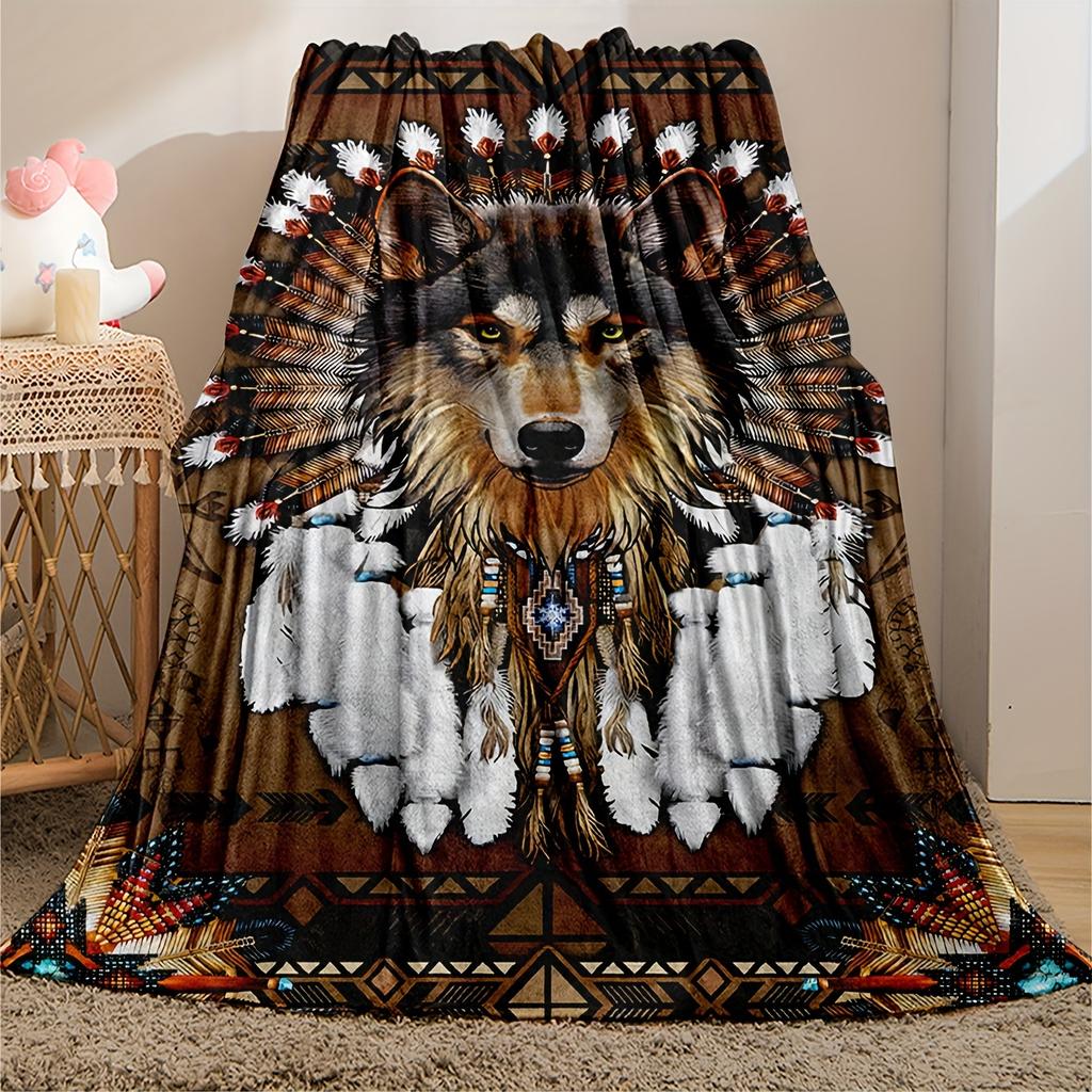 1pc Wolf patterned flannel blanket, thickened and warm, suitable for all seasons, camping, office, and dormitory covers