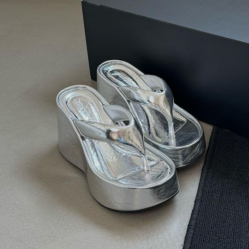 Mode Silber Damenmode Plateau-Sandalen Keilabsatz Hausschuhe für Damen Flip-Flops Dicksohlige Damen Keilabsatz Hausschuhe Sandalen Schuhe