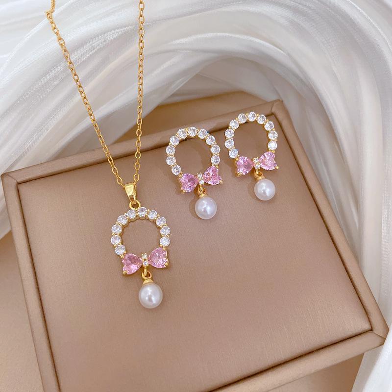 Full of Zirconium Exquisite Wind Copper Micro-inlaid Earrings Necklace Set Combination