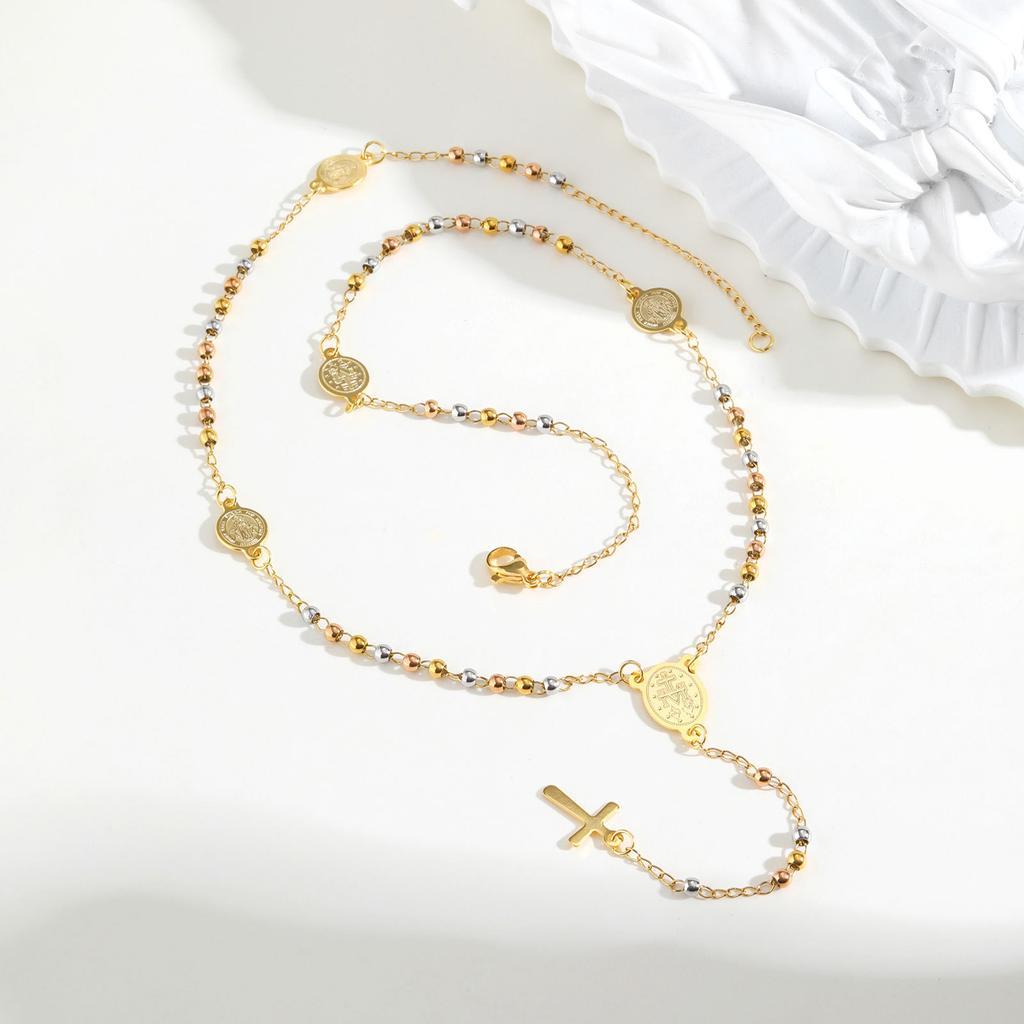 Stainless Steel Three-Color Rosary Virgin Oval Cross Y-Shaped Gold Necklace