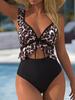 European and American Style Leopard Print Ruffle Leaf Edge V-neck Split Swimsuit Set, High Waist and Thin Sexy Hot Spring Swimsuit