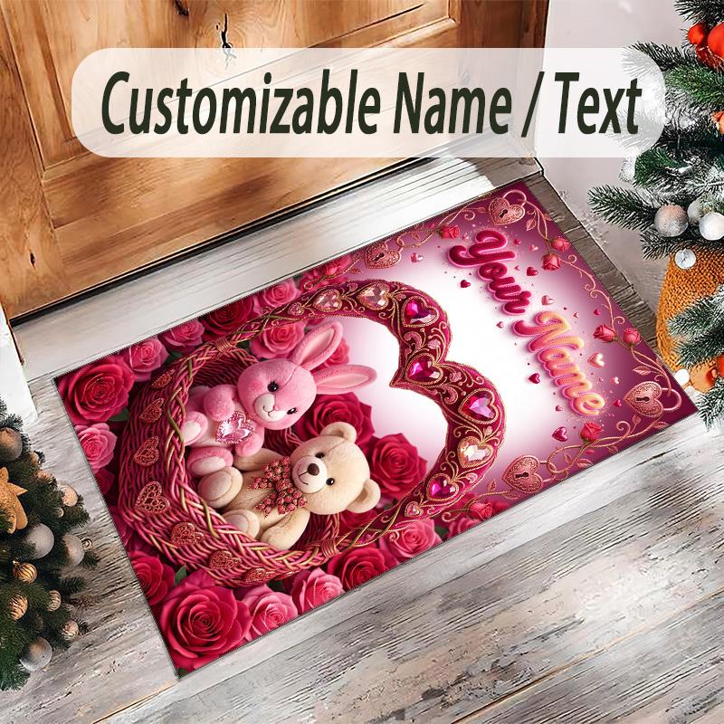 Valentine Love Theme Crystal Velvet Rug Personalized Custom Name Text Soft Floor Mat Home Decor