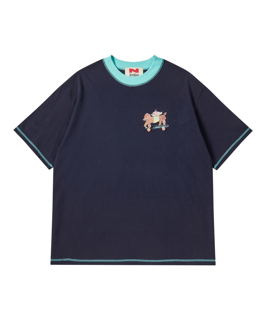 BEYOND CLOSET [Collection Line] Hand-Print Detail Cotton Short Sleeve T-Shirt Navy