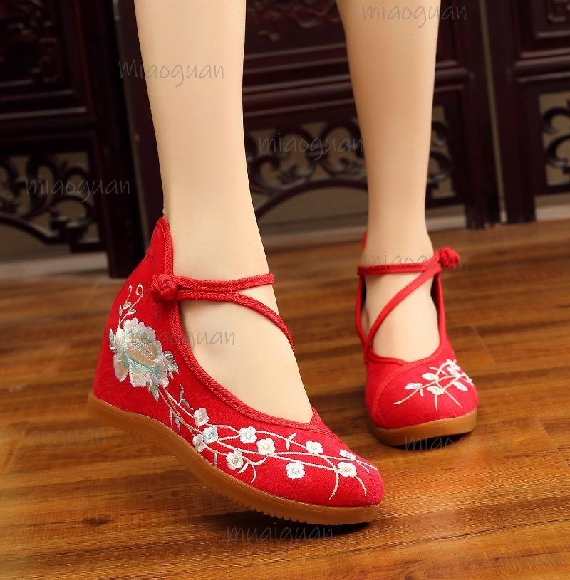 Fashion Chinese Style Women's Woven Shoes Embroidered Flower Women Wedge Pumps High Top Hidden Heel Ankle Strap Casual Canvas Shoes 41
