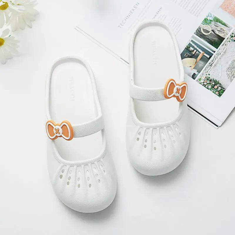 Fashion Sandals Hollow With Bow Shoes for Women Waterproof Shoe 2025 Trend Korea Style Slides Small Size Designer Luxury Woman Slippers