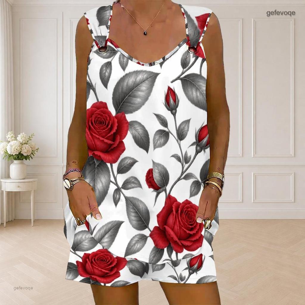 Women Plus Size Floral Printed Sleeveless Ring Strap Curved Hem Tank Top Pocket Shorts Two Piece Set