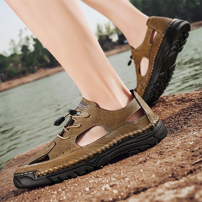 Fashion Summer Outdoor  Comfort Men Sandals Breathable Leisure Beach Vacation Men Hollow Out Shoes Quality Split Leather The Men Sandals
