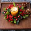 Christmas Candle Wreath Artificial Red Berries Pinecone Garland Festive Table Centerpiece Decoration for Christmas Party Home