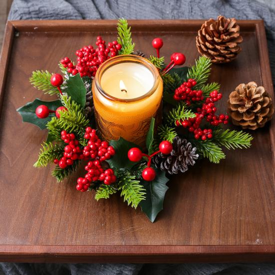 Christmas Candle Wreath Artificial Red Berries Pinecone Garland Festive Table Centerpiece Decoration for Christmas Party Home