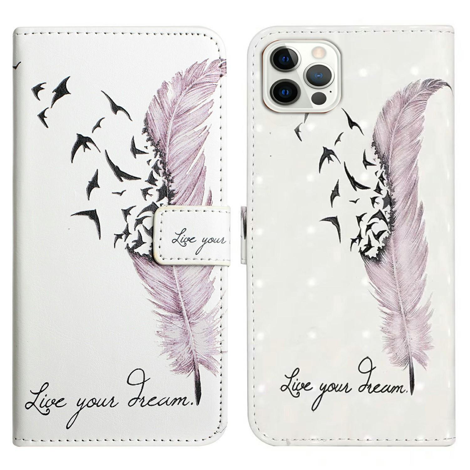 

For iPhone 16 Pro Case 3D Pattern Leather Wallet Phone Cover Bookstyle Magnetic Clasp Feather