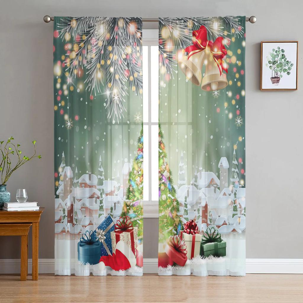 Vánoční stromeček dárky Santa Claus zvonky Sněhové vločky Tyl Průsvitné závěsy Obývací pokoj Ložnice Záclony Voál Organza Závěsy