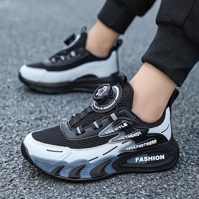 Foreign Trade Children's Sports Shoes Spring and Autumn New Mesh Leather Boys Lightweight Running Shoes Rotating Buckle Primary School Sneakers
